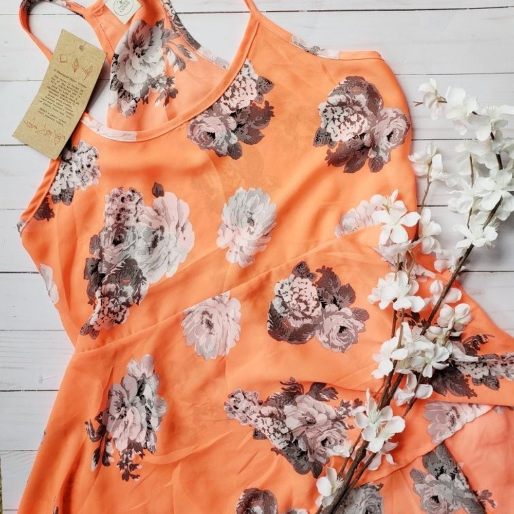 Paper Crane neon orange tank with grey floral